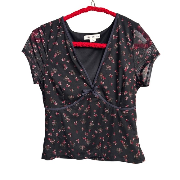 Aeropostale Tops - Aeropostale Black Floral Mesh V-Neck Bow Short Sleeve Top SMALL